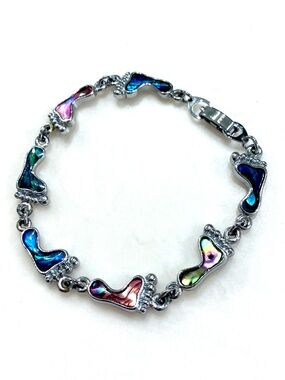 Iridescent Multicolor Shell Link Bracelet Stamped S-80 Silver